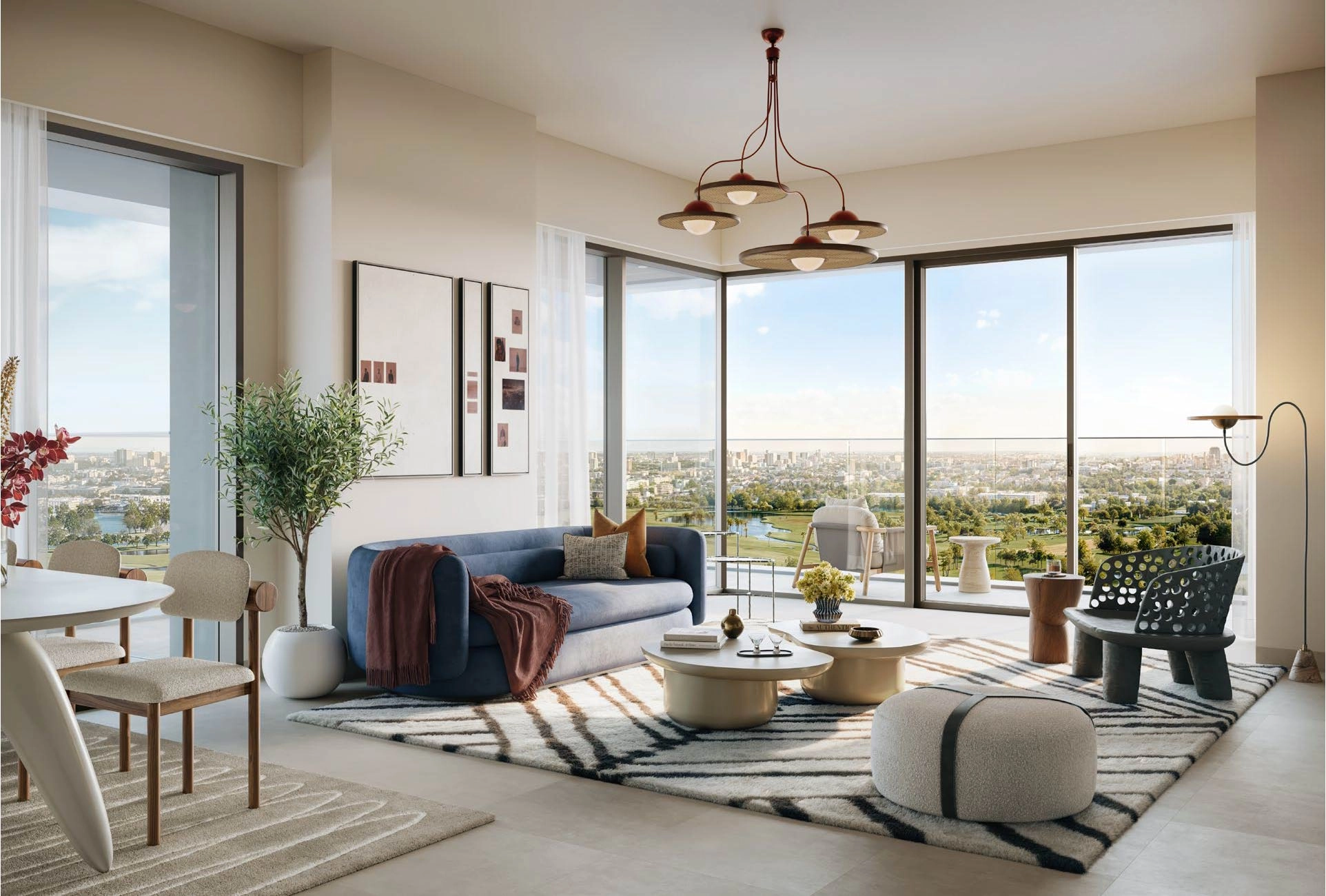 Spacious living room with vertical garden view and organic textures